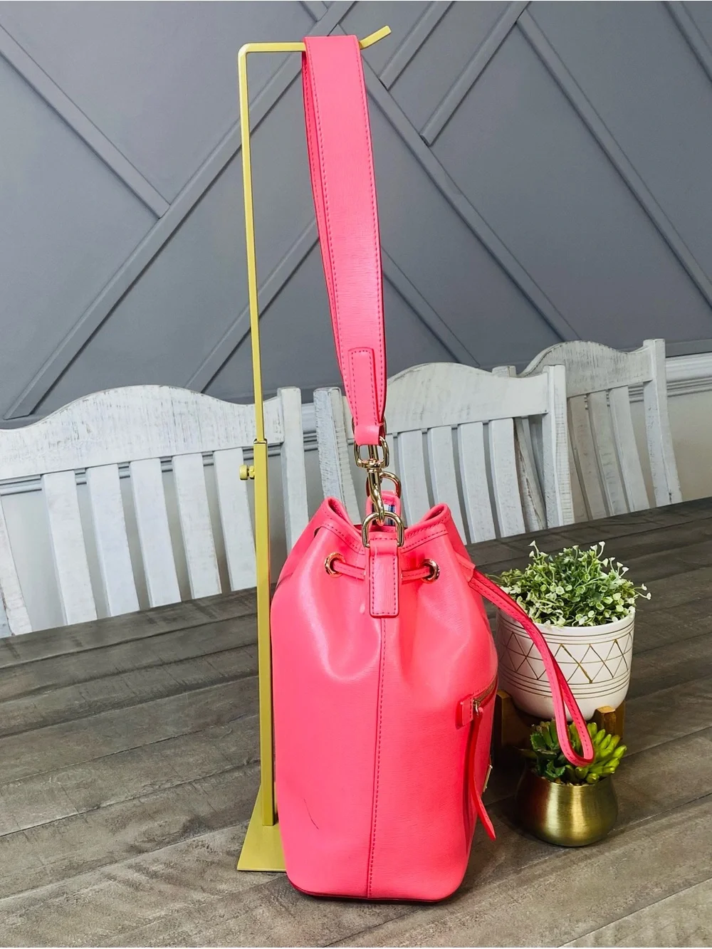Dooney & Bourke Saffiano Leather Drawstring Bucket Bag Hot Pink Neon